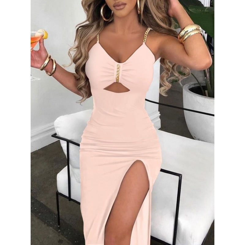 8076 European And American Autumn Clothes AliExpress Independent Station Skirt Women's Chain Shoulder Straps Slit Suspender Dress Women
