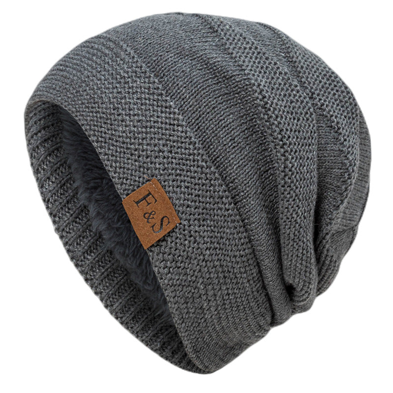 New F & S Fleece-lined Wool Cap Winter Knitted Solid Color Stitch Logo Horizontal Strip Warm Pullover Cap Cross-border In Stock