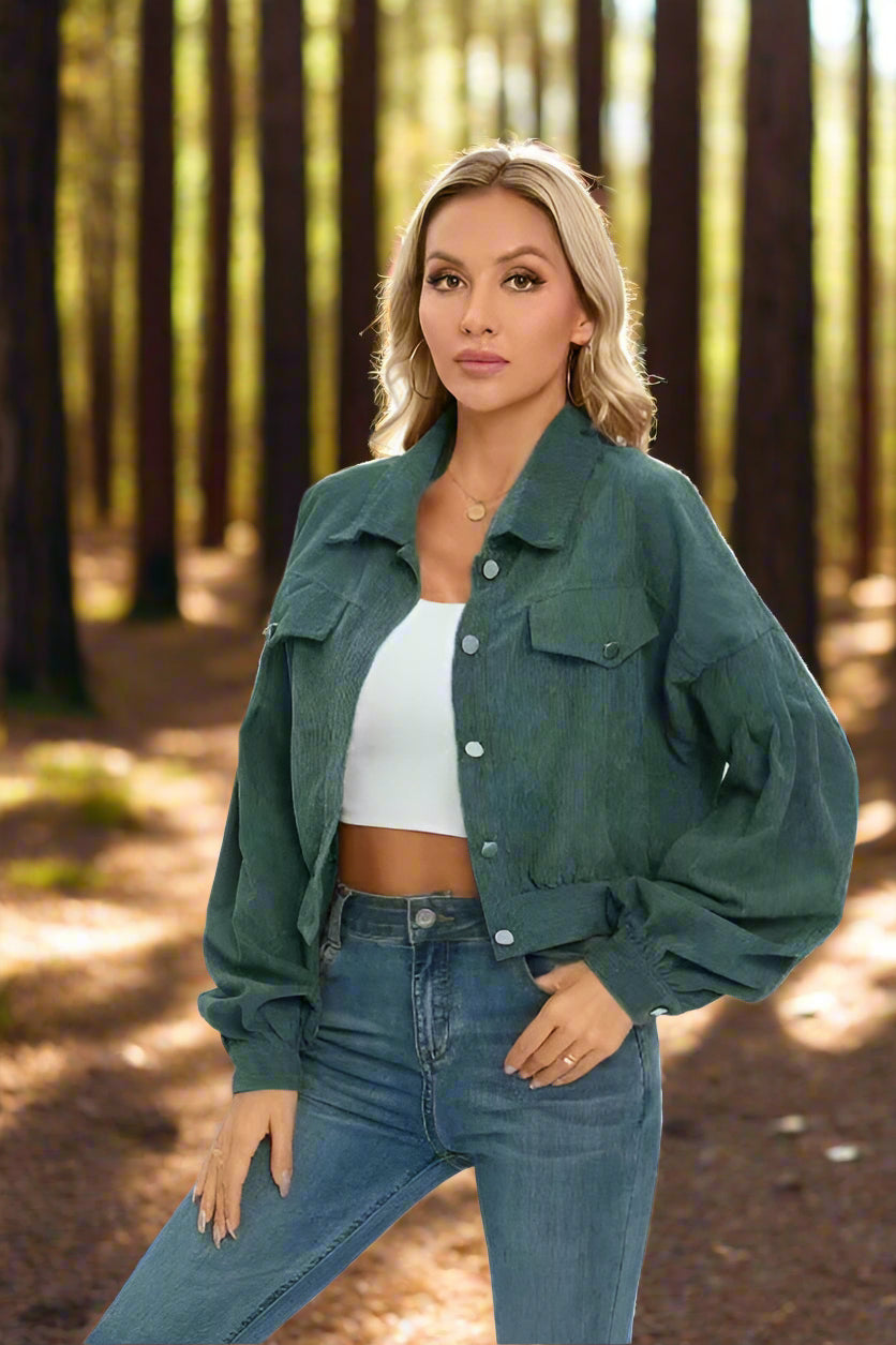 Amazon 2023 European And American Autumn And Winter Casual Lapel Corduroy Jacket Lantern Sleeve Single Breasted Short Jacket Women's Clothing