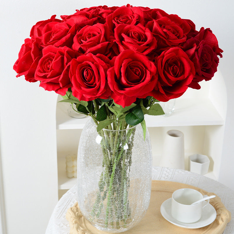 Simulation Rose Single Hand Flannel Home Wedding Decoration Valentine's Day Artificial Flower Fake Flower Wholesale