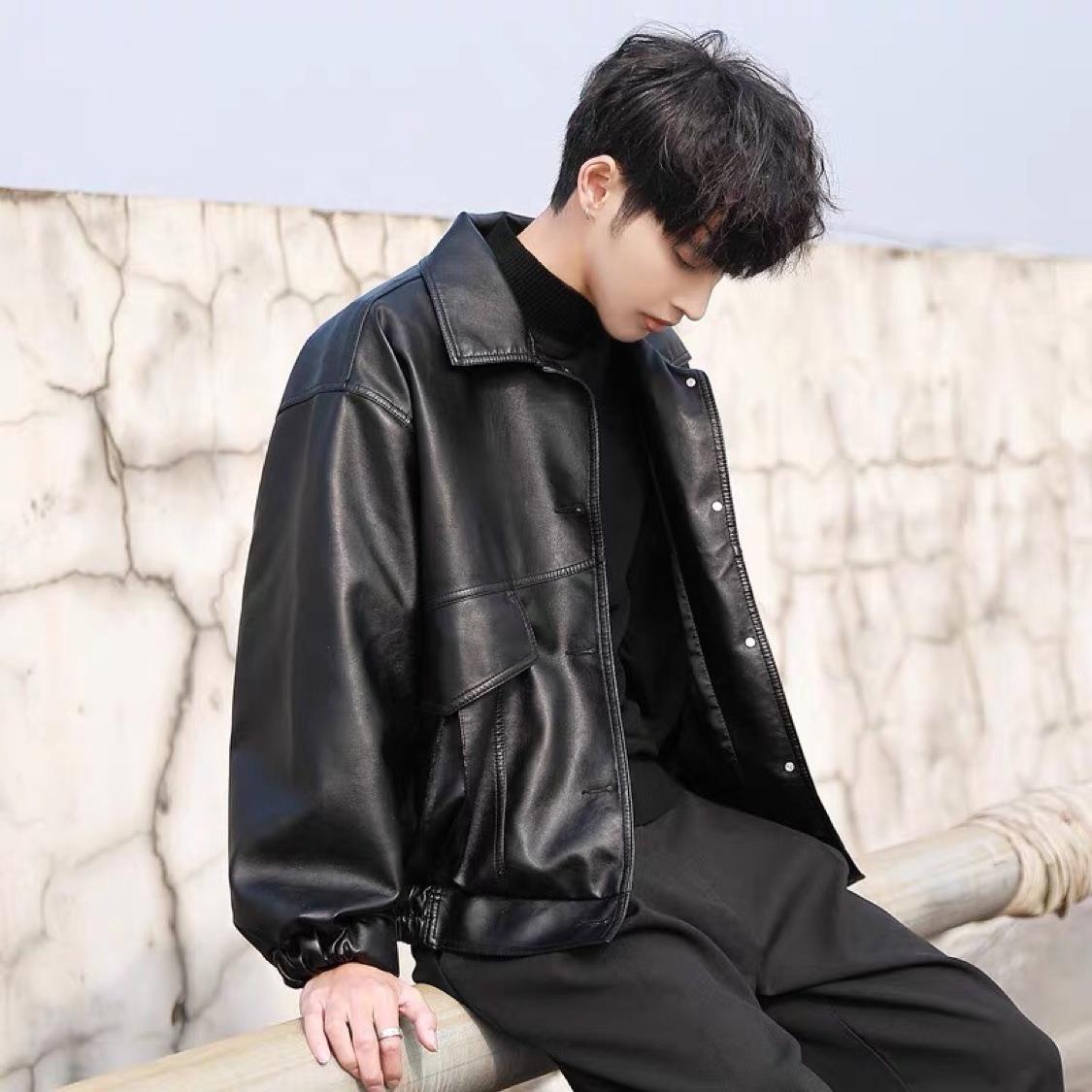 Fashionable Handsome Loose PU Leather Men's Bike Suit Aviator Leather Jacket Student Spring And Autumn Coat