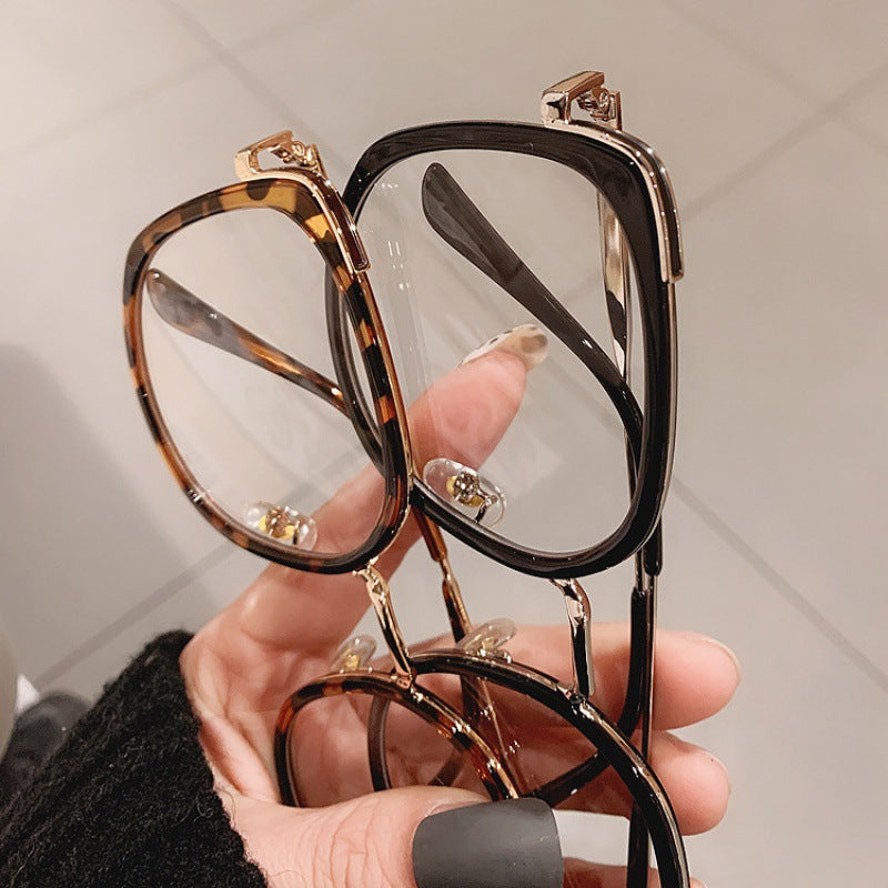 Korean Version Of The Tide Big Frame Square Black Frame Flat Mirror Plain Glasses Shape Black Frame Anti-blue Light Metal Frame Can Be Equipped With Myopia