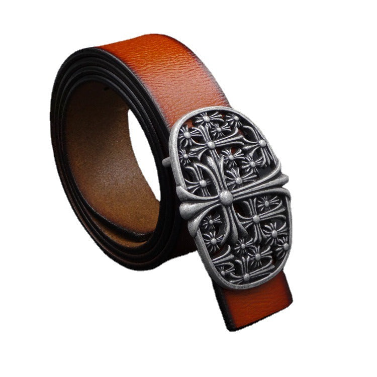 New Antique Two-layer Belt Cross Flower Retro Personalized Barber's Favorite Belt 8137-antique