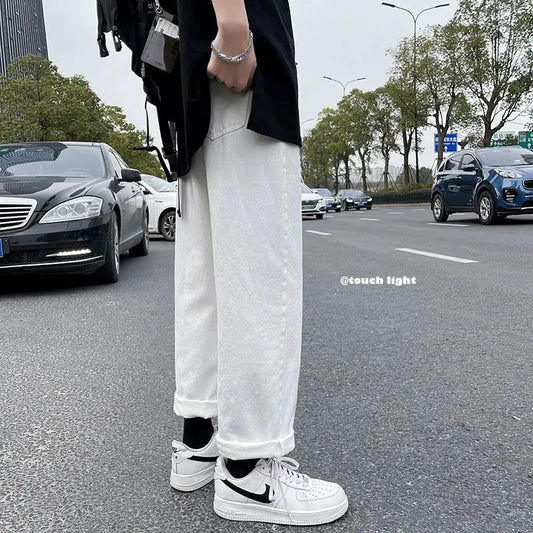 New White Jeans Men's Ins Trendy Brand Loose All-match Wide-leg Pants Casual Straight Pants Men's Spring And Autumn