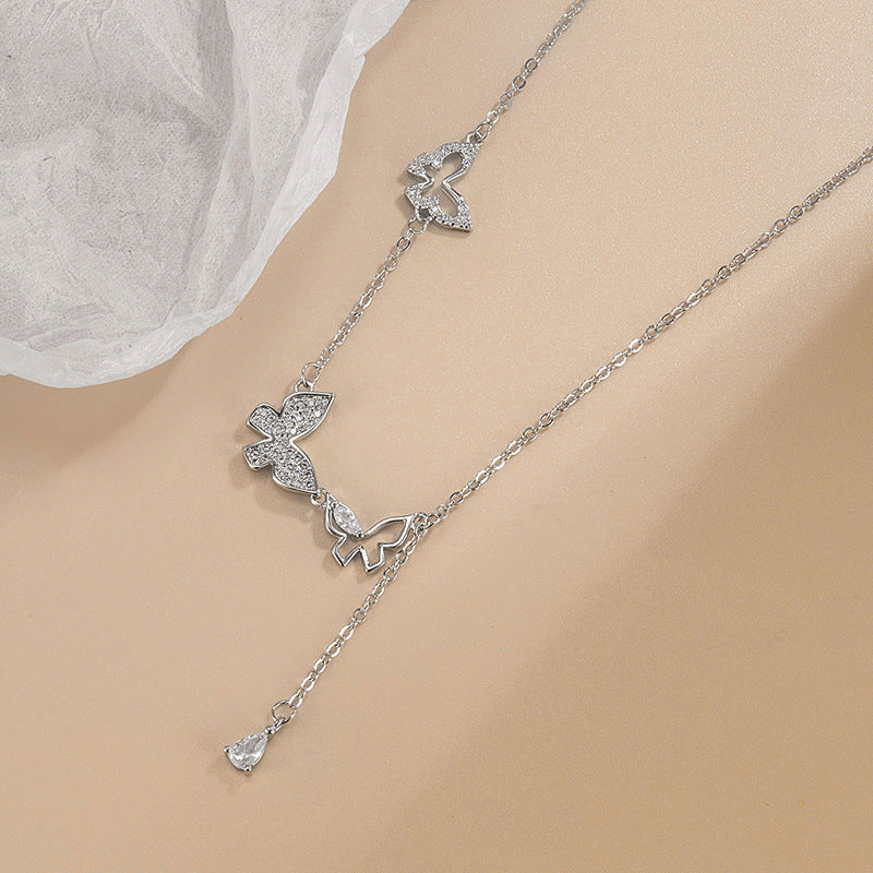 Three Butterfly Tassel Necklace Diamond-embedded Zircon High-grade Daily Simple All-match Niche Female Valentine's Day Clavicle Chain
