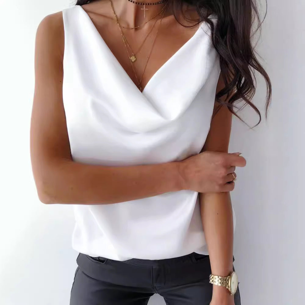 Women's Satin Cowl Neck Sleeveless Top - Elegant Blouse for Work or Evenings