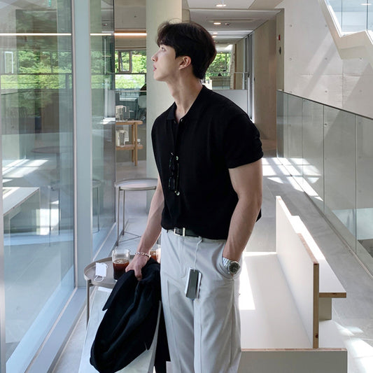 Short-sleeved Men's Summer New Trendy Men's All-match Polo Shirt Casual Lapel T-shirt Lazy Style Cardigan Knitted T-shirt Trendy