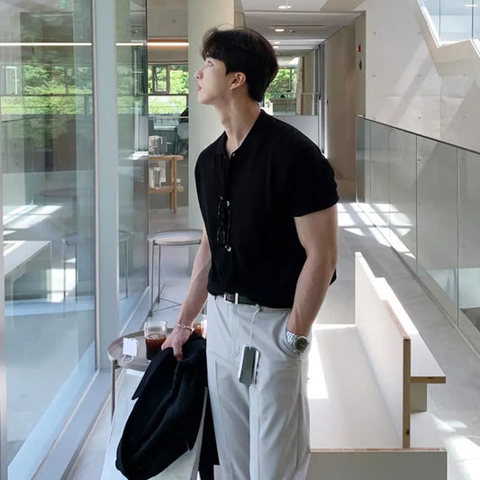 Short-sleeved Men's Summer New Trendy Men's All-match Polo Shirt Casual Lapel T-shirt Lazy Style Cardigan Knitted T-shirt Trendy