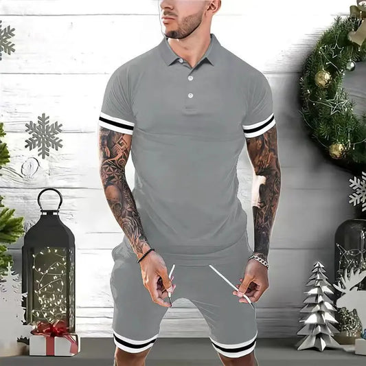 Men’s polo shirt & shorts set available in black, navy blue, gray, white, light blue, and dark green – featuring white stripe accents, breathable fabric, and versatile styling