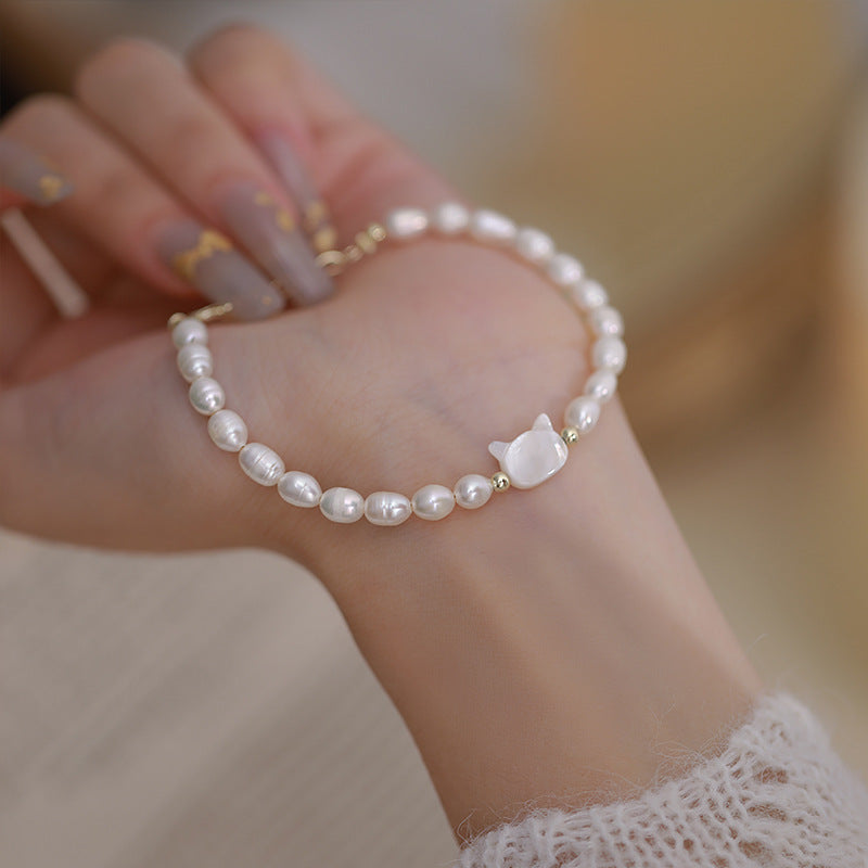 Fashionable Freshwater Pearl Cat Hand Chain Women's Style Beaded Bracelet Elegant Trendy Jewelry Gift Tour Souvenir SL03-72