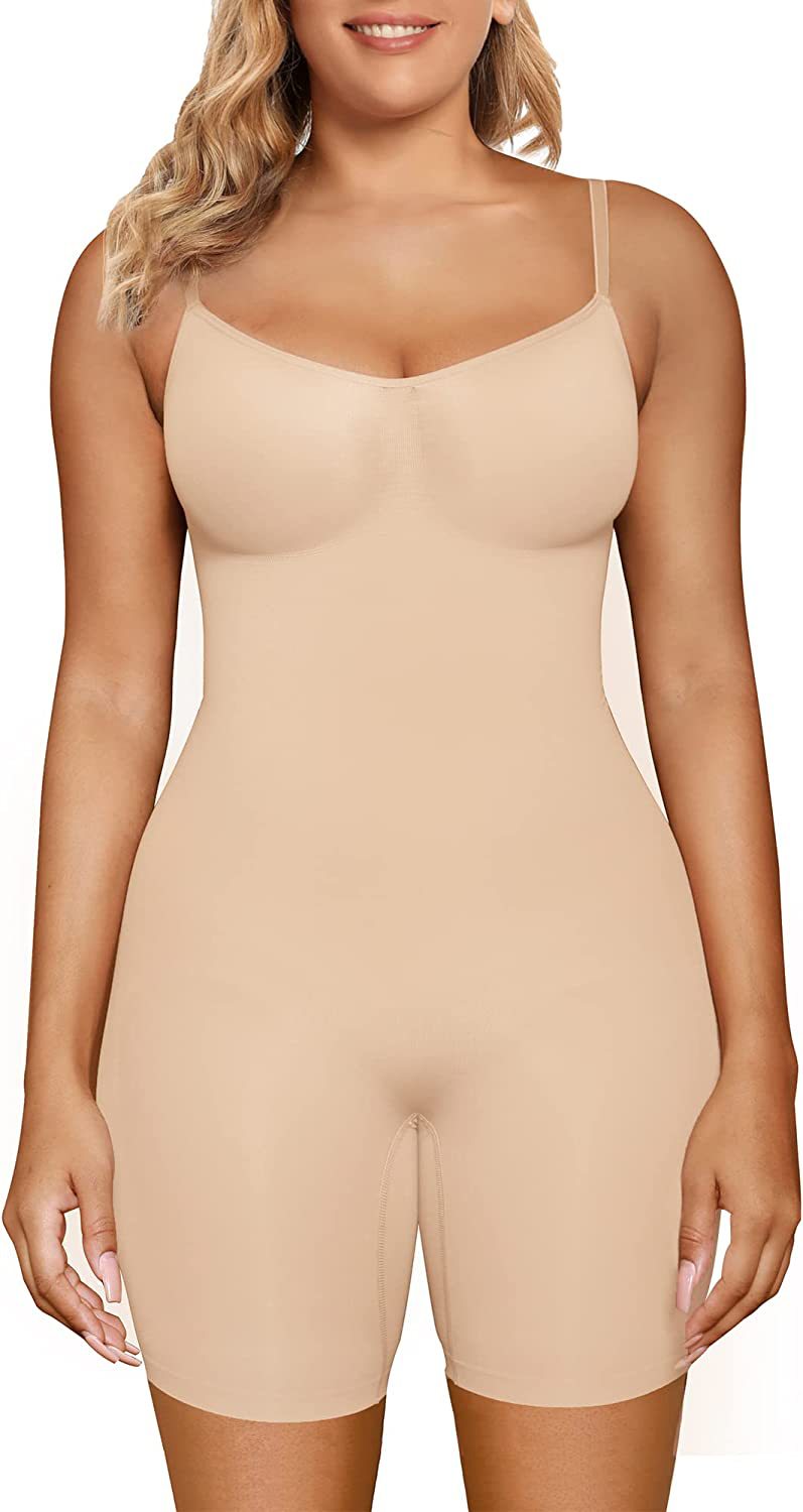 Seamless body shapewear available in sleek black and taupe – thin shoulder straps, form-fitting design, and full-torso coverage for breathable, supportive, everyday wear.