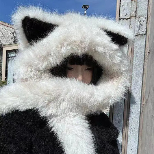 Plush Hat Scarf All-in-one Women's Winter Ear Protection Warm Hat All-match Scarf