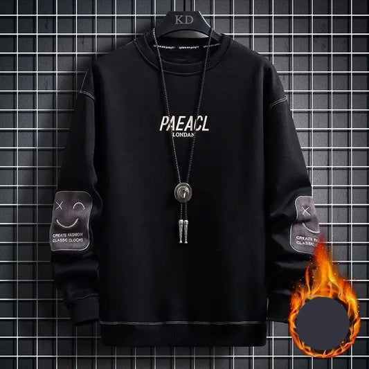 Streetwear sweatshirt featuring ‘PAEACL LONDON’ printed on the front, sleeve patches with additional branding, and available in four colors—red, black, grey, and white—perfect for urban fashion lovers.