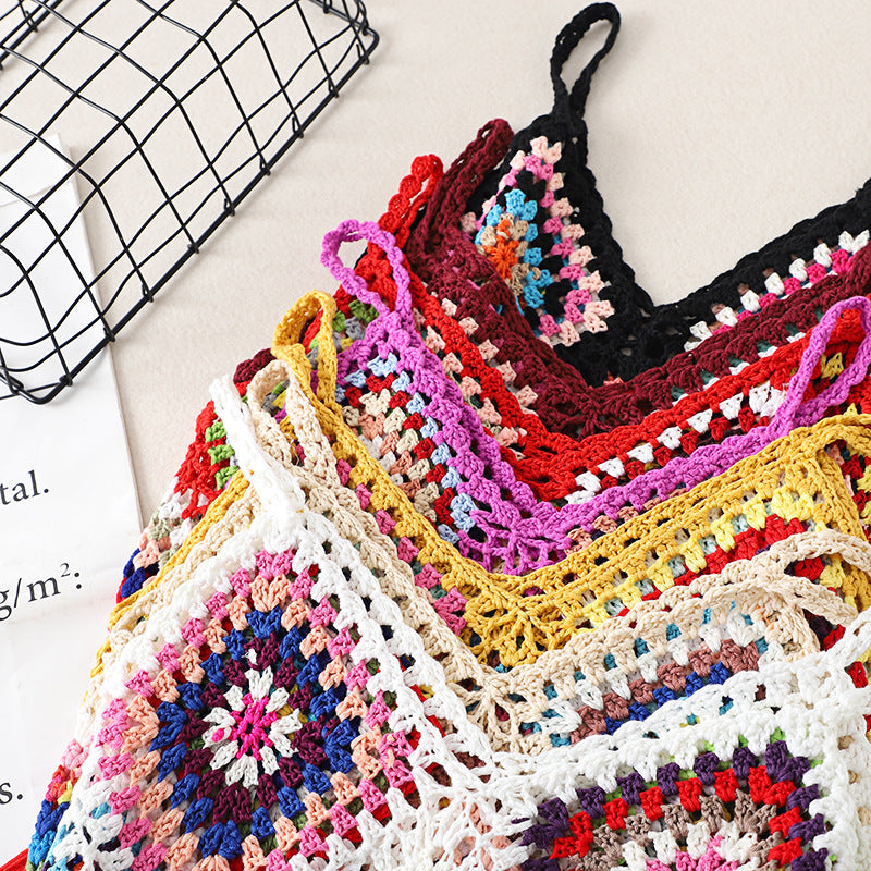Real Shot Tassel Vest Sling Women's Summer Ethnic Style Vintage Embroidered Outwear V-neck Travel All-match Knitted Hollow Shirt