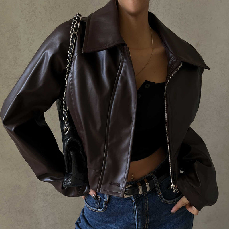 Autumn New Style Retro Temperament Lapel Zipper PU Leather American Casual Jacket