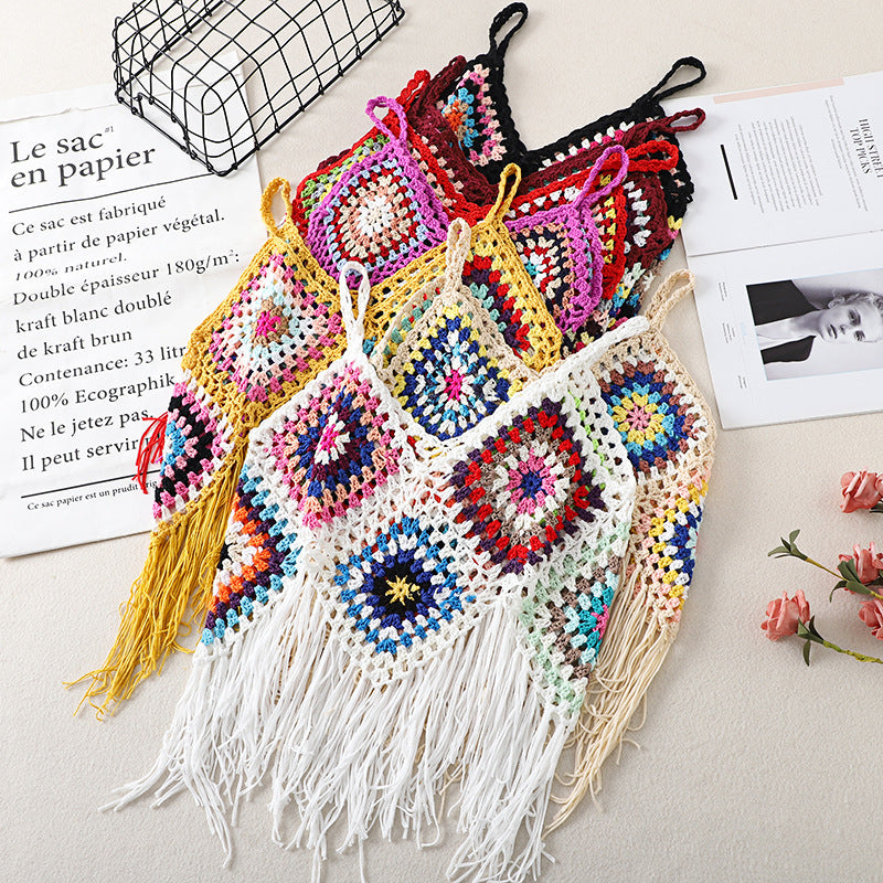 Real Shot Tassel Vest Sling Women's Summer Ethnic Style Vintage Embroidered Outwear V-neck Travel All-match Knitted Hollow Shirt
