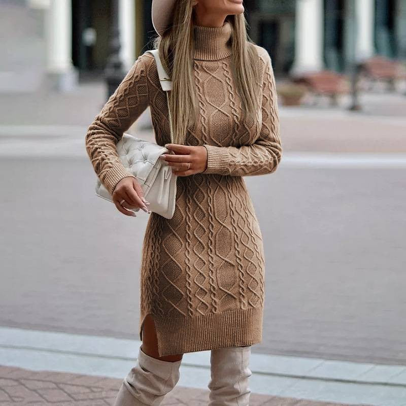 Long Sleeve Knitted Turtleneck Twist Dress with Slits