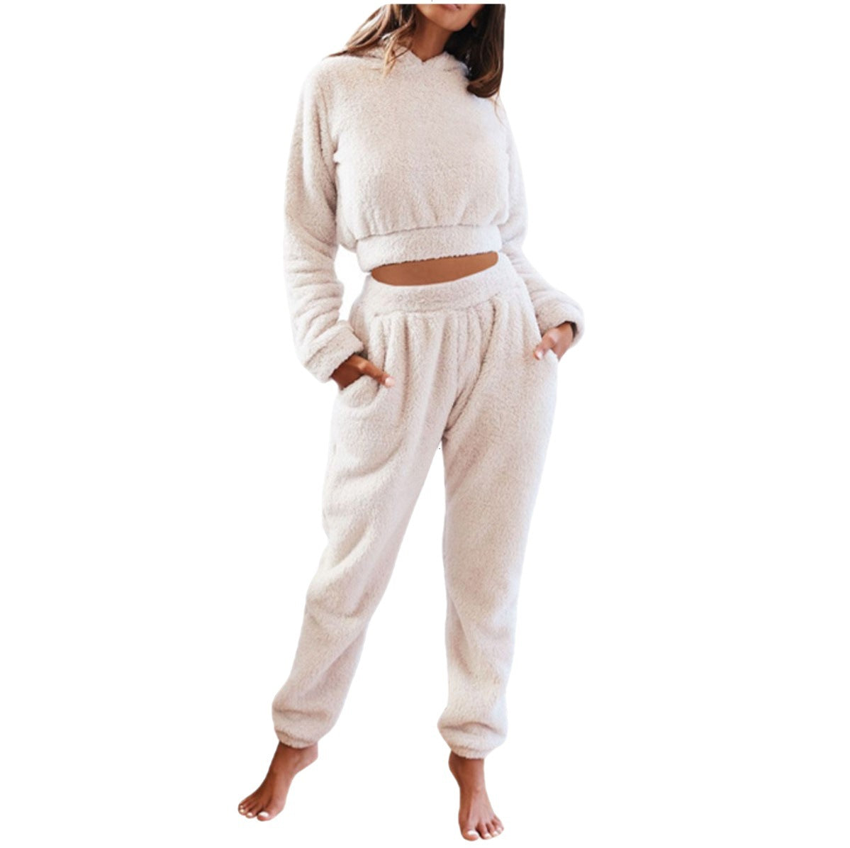 Women's Plush Hooded Long-sleeved Top Elastic Waist Trousers Casual Two-piece Set