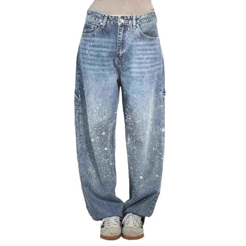 2025 Spring And Summer Amazon New Star Rhinestone Jeans High Waist Slim Casual Pants Women