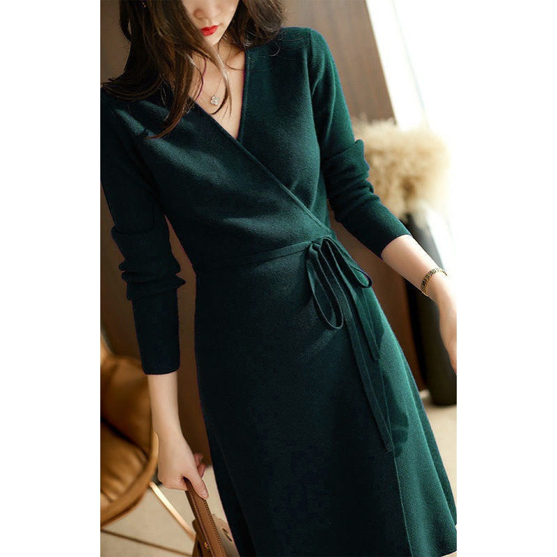 V-neck Knitted Dress Women's Autumn And Winter French Retro Slim Mid-length Skirt Tie-up High Waist Bottoming Sweater Skirt