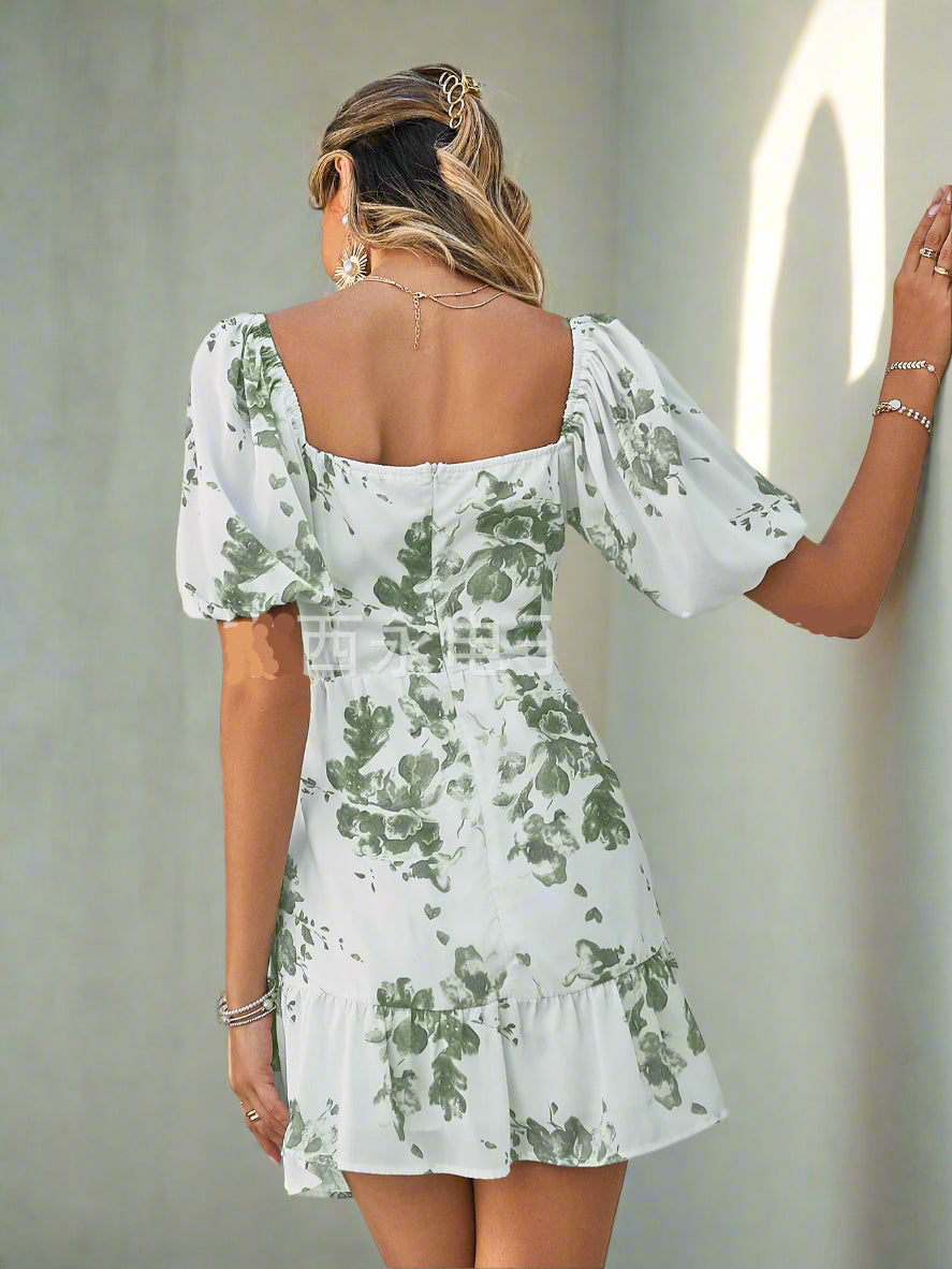 Summer Printed Retro Ins Style Suspender Skirt European And American Spring And Summer Mid-waist Green Temperament Commuter Dress