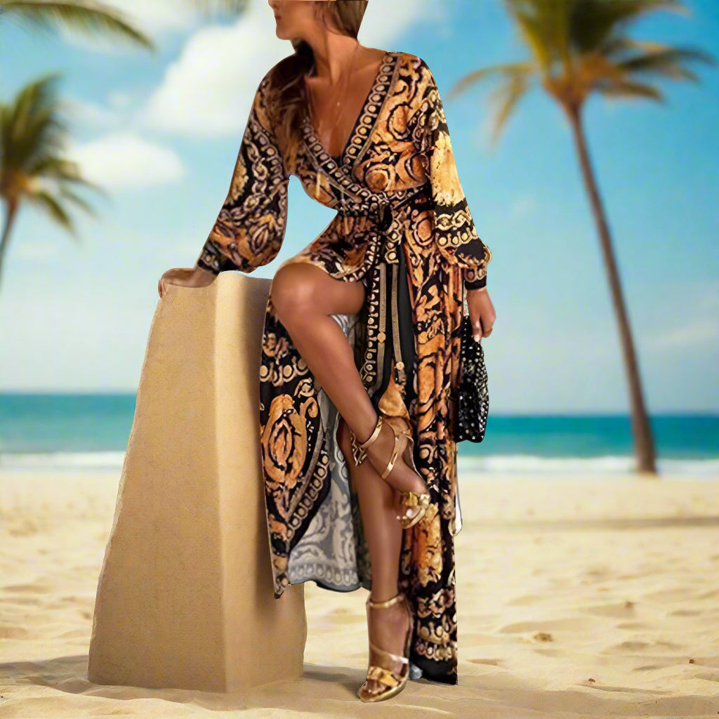 European And American Bohemian V-neck Retro Positioning Flower Long-sleeved Dress