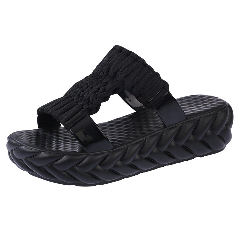 Wool Slippers Women's New Fashionable Korean Style One-word Outer Wear Thick Bottom Platform Sandals Casual Mid-heel Knitted Women's Trendy Shoes