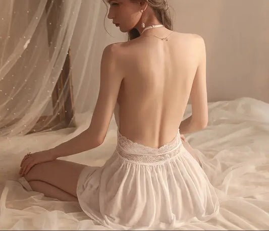 Rose Erotic Lingerie Pure Color Comfortable Pajamas Large Size Suspenders Nightdress Women's Mesh Backless Home Service Set 630