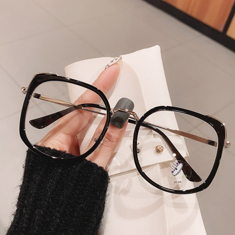 Korean Version Of The Tide Big Frame Square Black Frame Flat Mirror Plain Glasses Shape Black Frame Anti-blue Light Metal Frame Can Be Equipped With Myopia