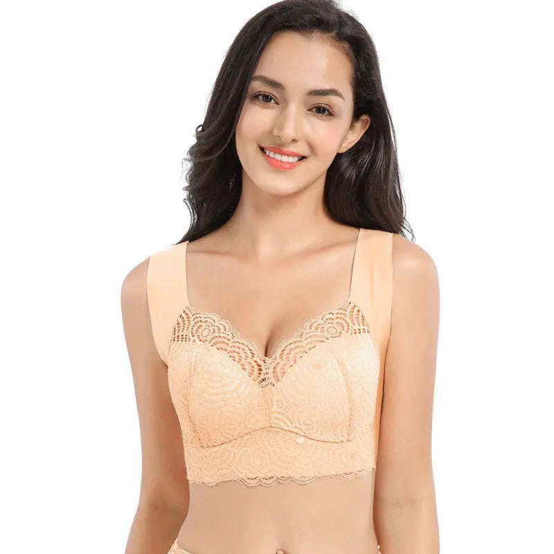 Luxury lace plus-size bra in black, red, beige, and navy blue – elegant, breathable, and supportive for everyday wear.