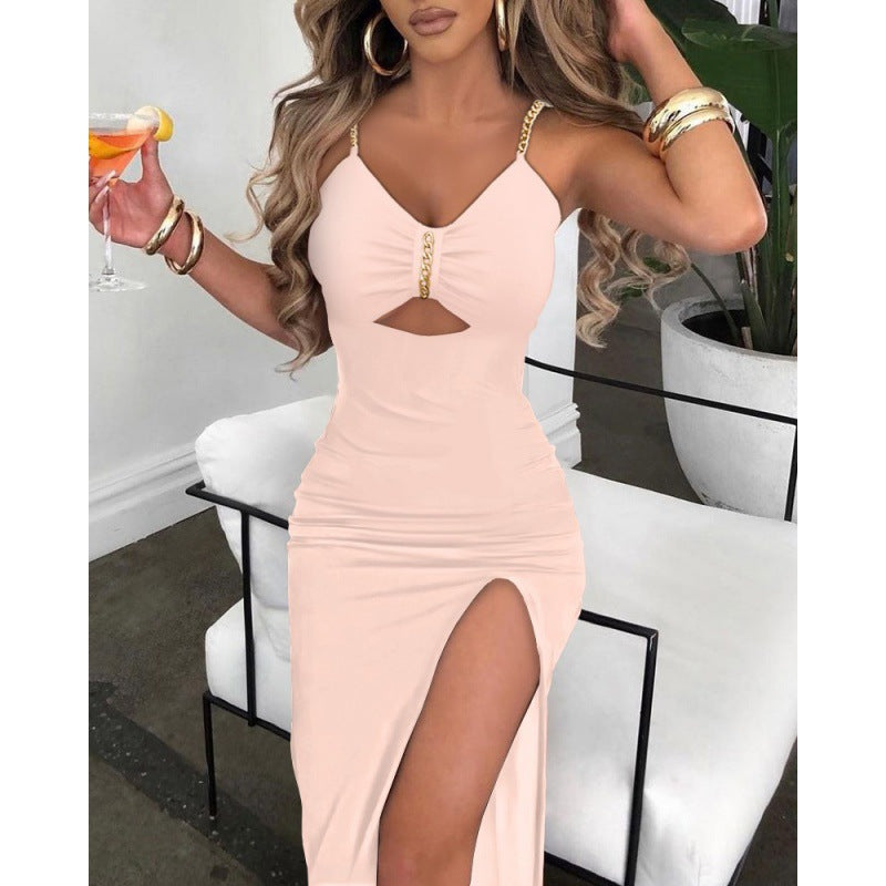 8076 European And American Autumn Clothes AliExpress Independent Station Skirt Women's Chain Shoulder Straps Slit Suspender Dress Women
