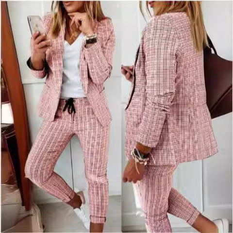 New 2024 European And American Women's Plaid Casual Slim-fit Lap-up Suit With Lace-up Pants Suit