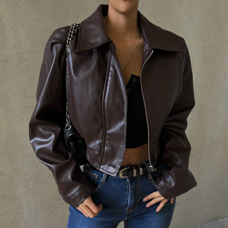 Autumn New Style Retro Temperament Lapel Zipper PU Leather American Casual Jacket