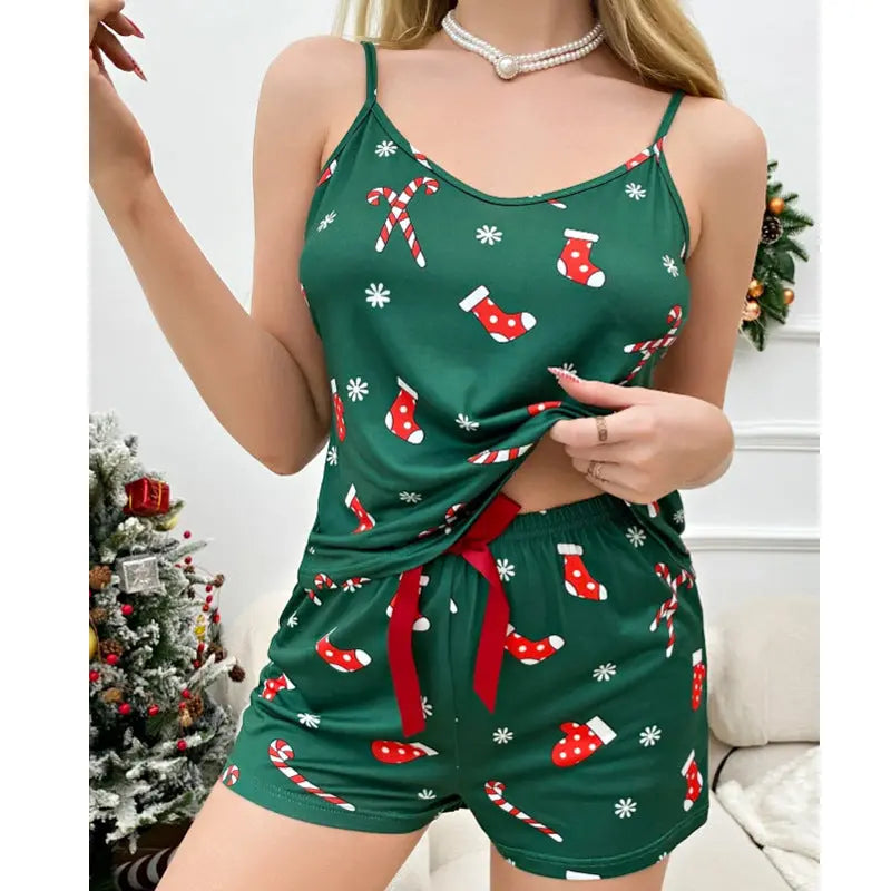 European And American Summer Sexy Female Christmas Pajamas Camisole Shorts Snowflake Home Service Two-piece Pajamas