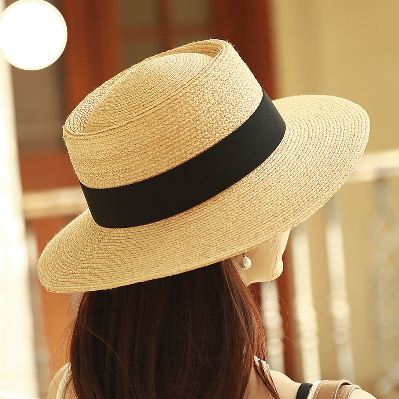 Straw Hat Women's Summer Flat-brim Sunshade Hat Women's Rafi Grass Hat Women's Straw-woven Flat-top Sun Hat Foldable Trendy