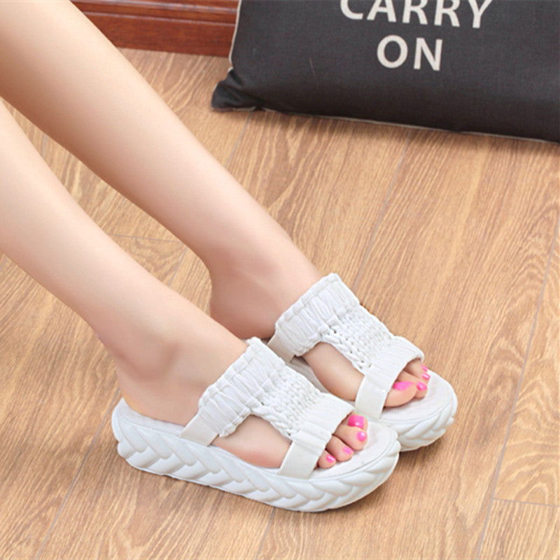 Wool Slippers Women's New Fashionable Korean Style One-word Outer Wear Thick Bottom Platform Sandals Casual Mid-heel Knitted Women's Trendy Shoes