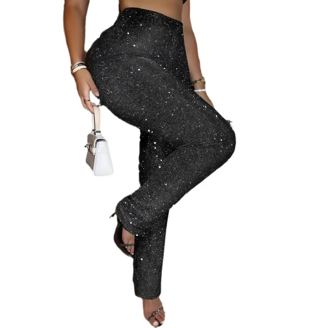 Black Glitter High Waist Party Trousers - Sparkly Wide Leg Evening Pants