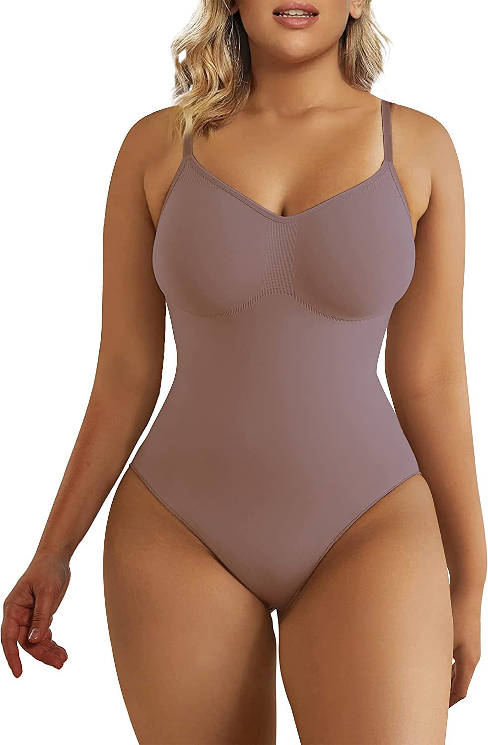Seamless body shapewear available in sleek black and taupe – thin shoulder straps, form-fitting design, and full-torso coverage for breathable, supportive, everyday wear.