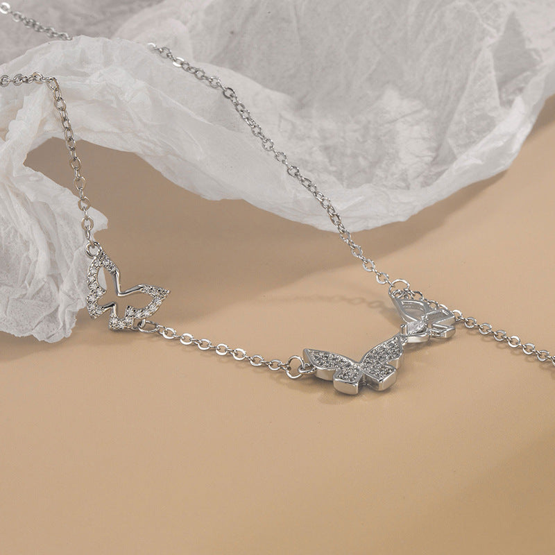 Three Butterfly Tassel Necklace Diamond-embedded Zircon High-grade Daily Simple All-match Niche Female Valentine's Day Clavicle Chain