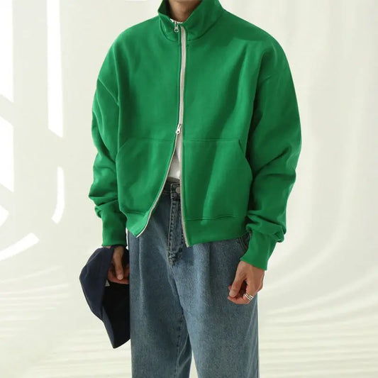 MYQ Solid Color Cardigan Sweater Men's Spring New Stand Collar Coat Korean Style Loose Casual Cotton Top