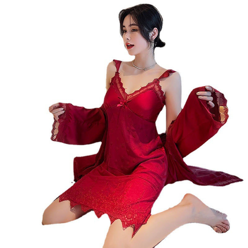 2022 New Sexy Pajamas Women's Spring And Autumn Ice Silk Thin Section Suspenders Nightdress Nightgown Suit Net Red Long-sleeved Home Clothes