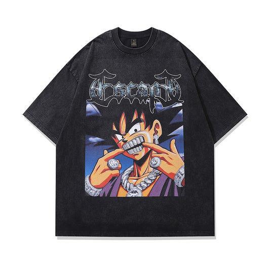 American Retro High Street Washed Old Cartoon Printed Short Sleeve T-Shirt Men's Hip Hop Hiphop Loose Top