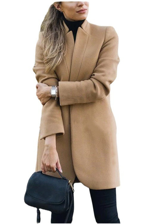 Fashion Solid Color Stand-up Collar Woolen Coat