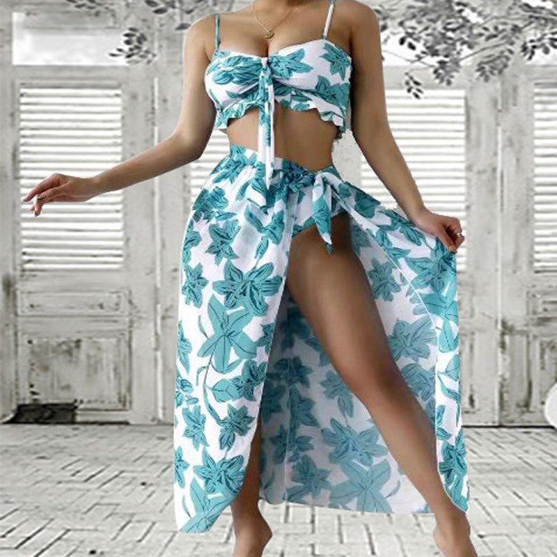 Three-piece Plant Print Bikini Swimsuit.