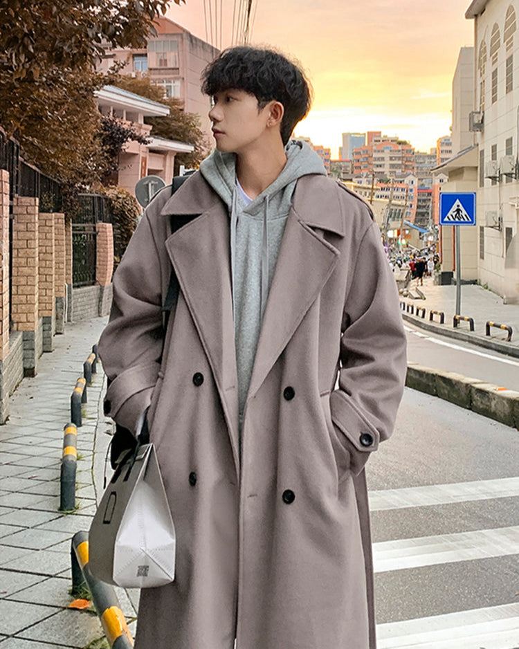 XHHX Retro Double-breasted Woolen Coat For Men In Winter Thickened Mid-length British Style Large Size Trendy Brand Woolen Coat