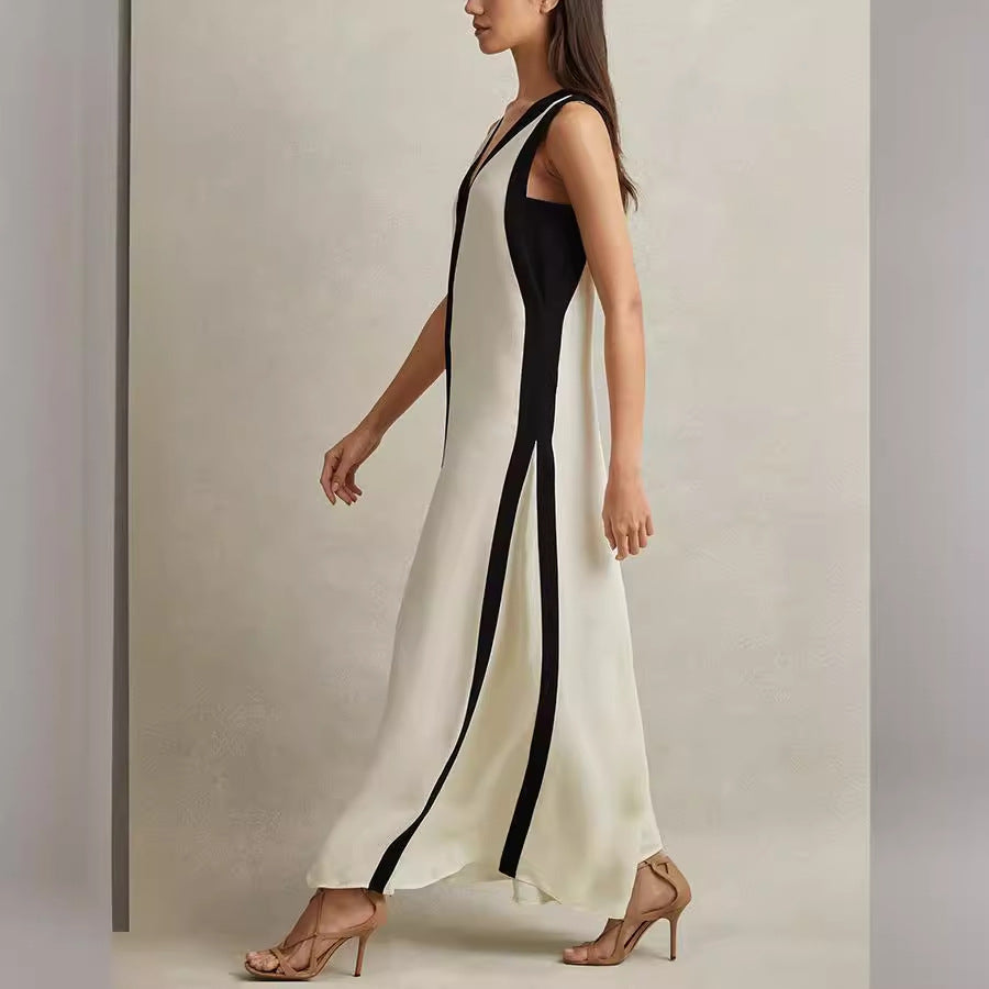 Cross-border Foreign Trade Independent Station Amazon 2024 New European And American Sexy Double-sided Wear V-neck Contrast Color Leisure Dress