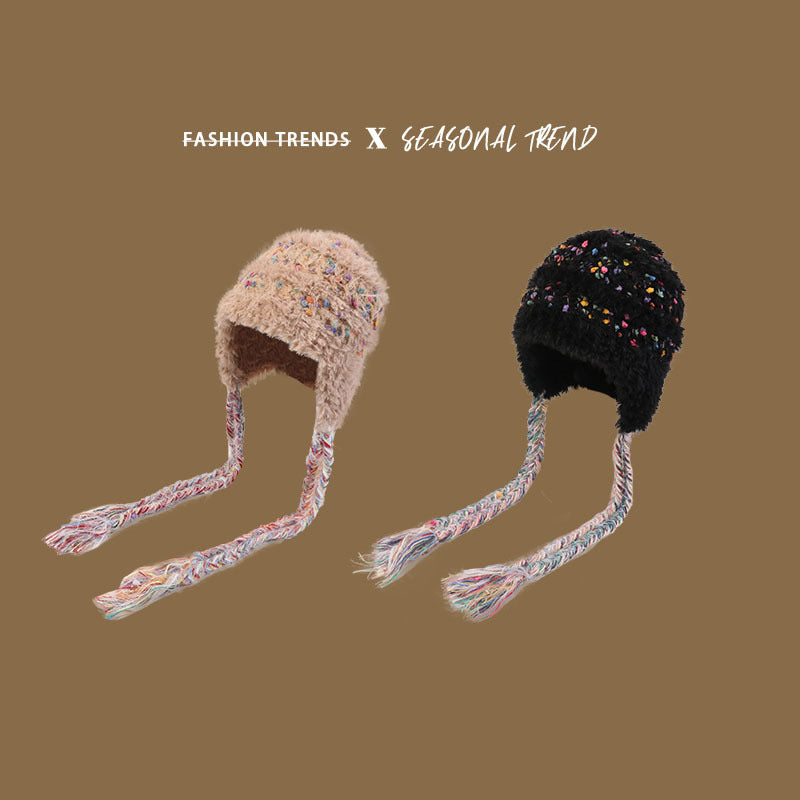 Autumn And Winter Warm Color Snowflake Velvet Hand-woven Lace-up Knitted Hat Women's Korean-style Cute Colored Yarn Plush Hat