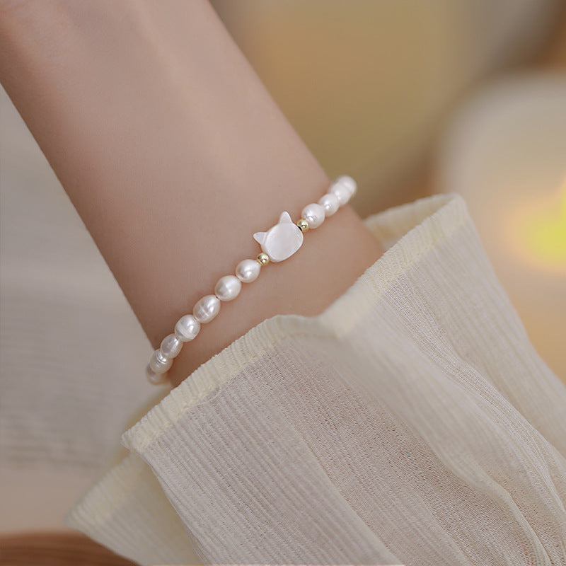 Fashionable Freshwater Pearl Cat Hand Chain Women's Style Beaded Bracelet Elegant Trendy Jewelry Gift Tour Souvenir SL03-72