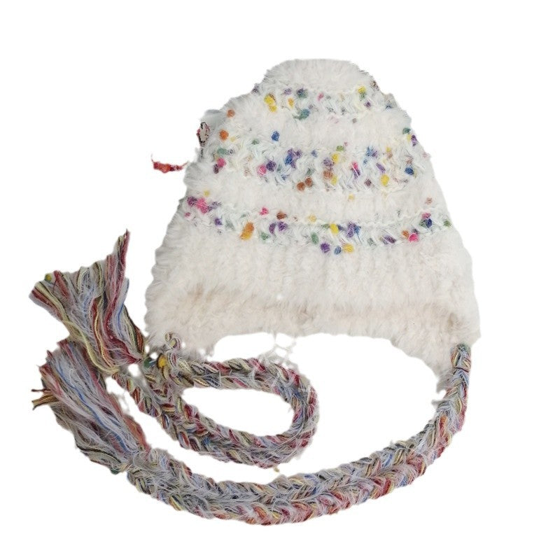 Autumn And Winter Warm Color Snowflake Velvet Hand-woven Lace-up Knitted Hat Women's Korean-style Cute Colored Yarn Plush Hat