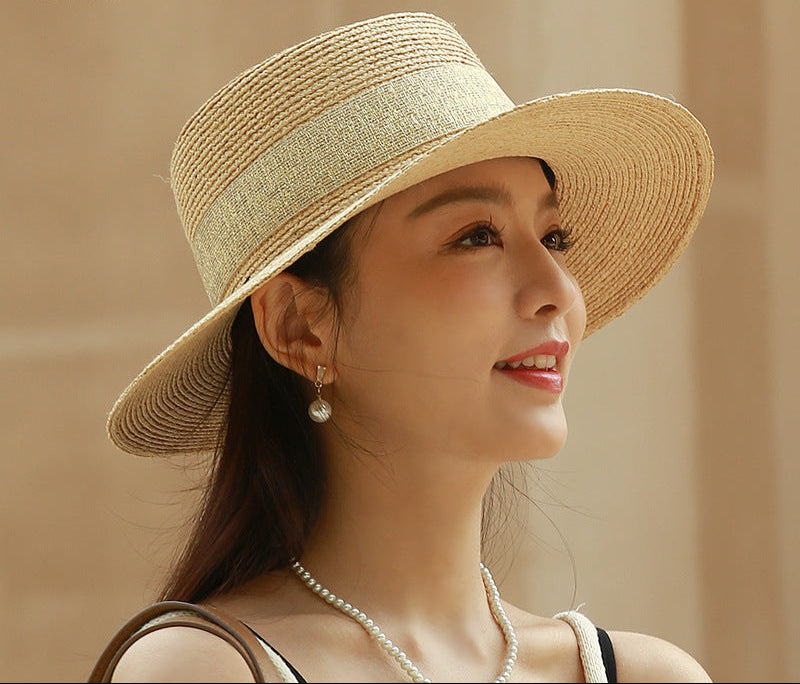Straw Hat Women's Summer Flat-brim Sunshade Hat Women's Rafi Grass Hat Women's Straw-woven Flat-top Sun Hat Foldable Trendy